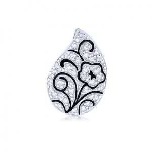 Silver Leaf Pendant with Black Enamel and CZ - Sterling silver 18" snake style chain included
