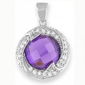 Silver Pendant with Purple CZ - Sterling silver 20" snake style chain included