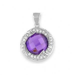 Silver Pendant with Purple CZ - Sterling silver 18" snake style chain included