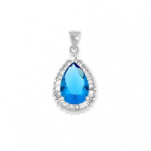 Silver Teardrop Pendant with blue Cubic Zirconia Gem – 18” necklace included