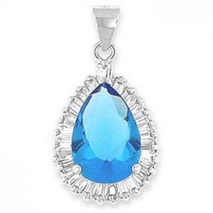 Blue Cubic Zirconia Teardrop Pendant & 20” Chain