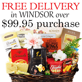 Gift Baskets Windsor - Enjoy free delivery in Windsor, ON area on gift baskets over $99.95 (before tax) on weekdays. Low flat rate prompt delivery in Essex County. Please click on image for full details.